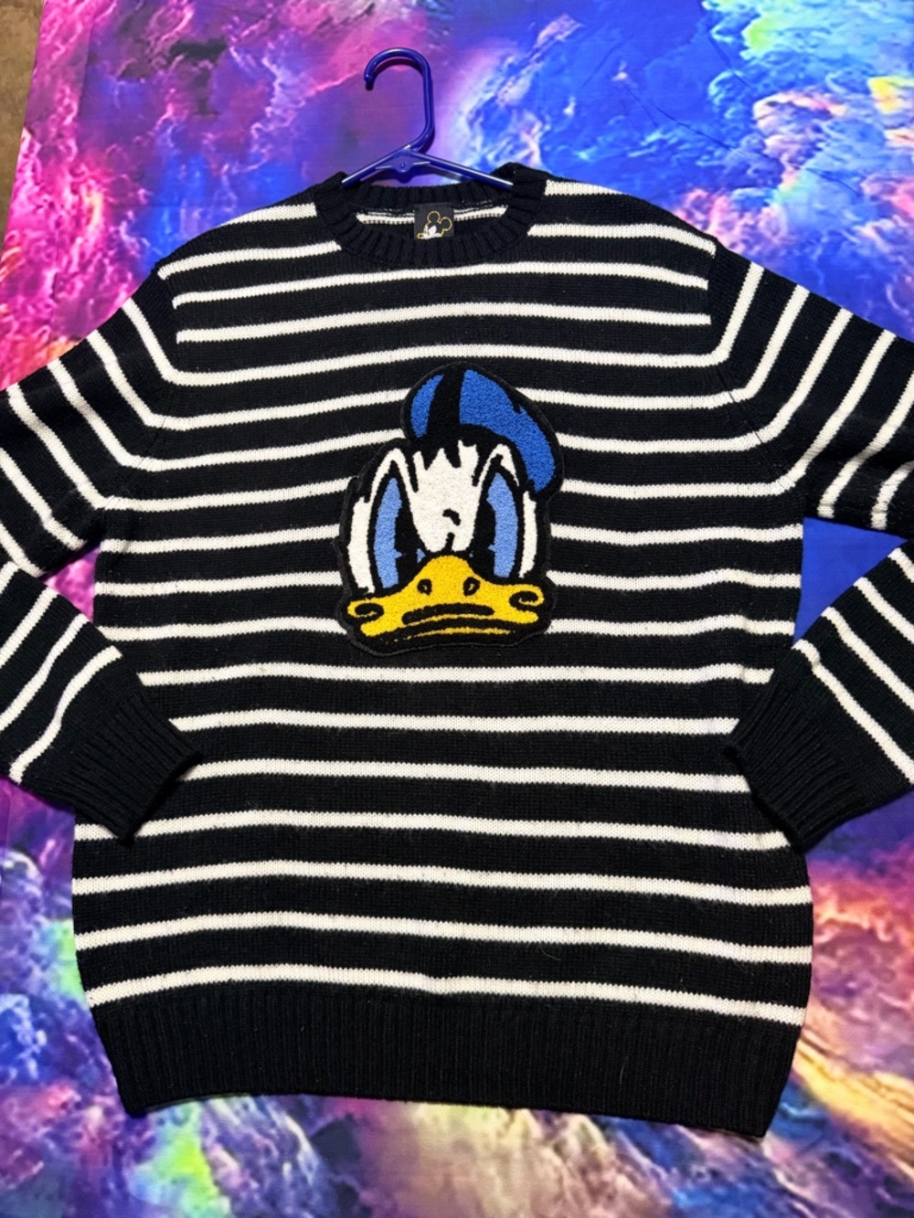Forever 21 Black & White Striped Crewneck Sweater with Donald Duck Patch